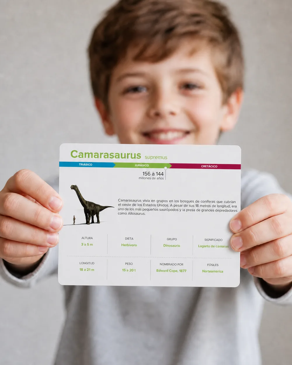 Enfant montrant le verso scientifique d'une carte