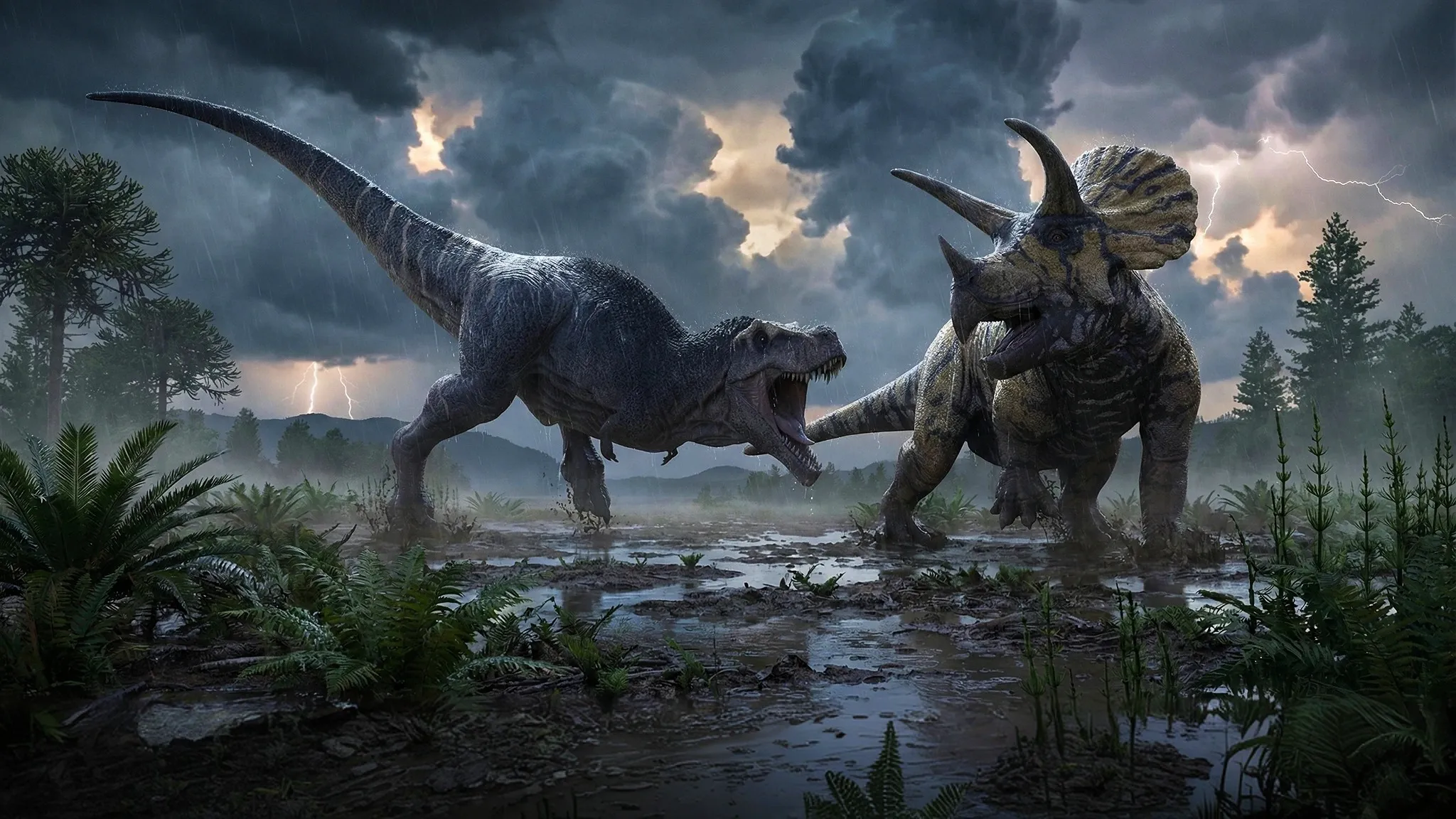 Tyrannosaurus rex face à un Triceratops sous l'orage